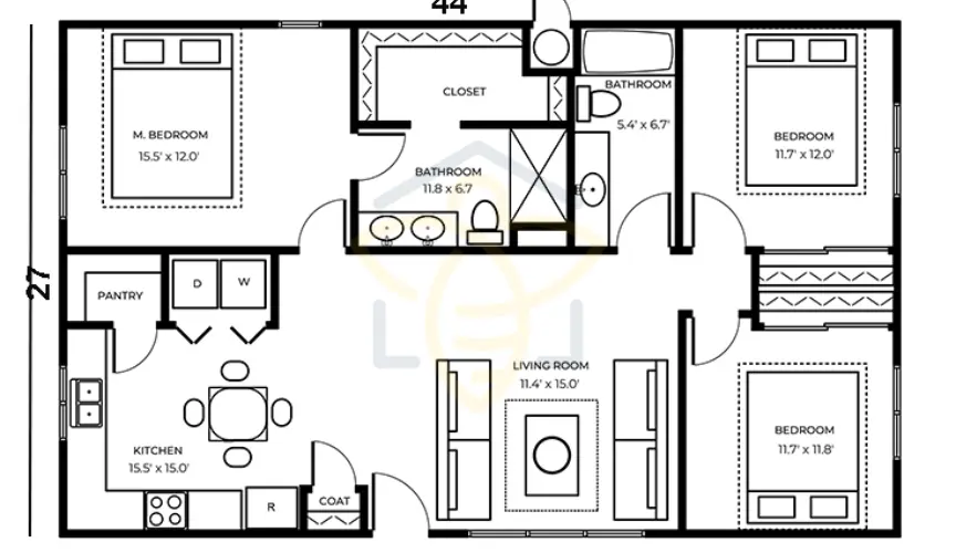 3 Bedroom ADU Floor Plan