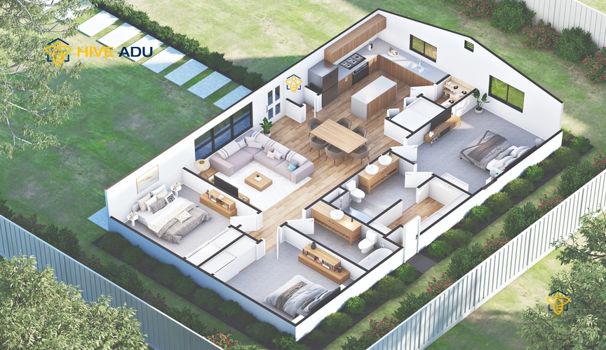 E-1188 3D floor plan rendering of 1188 square feet 3-bedrooms, 2-bathrooms ADU