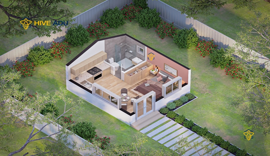 H-290 3D floor plan rendering of 288 square foot studio ADU