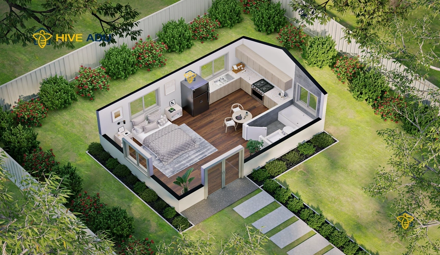 H-385 3D floor plan rendering of 384 square foot studio ADU