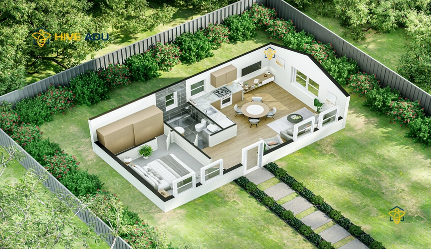 I-490 3D floor plan rendering of 492 square foot 1-bedroom, 1.0-bathroom ADU