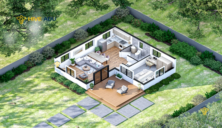 I-585 3D floor plan rendering of 584 square foot 1-bedroom, 1.0-bathroom ADU