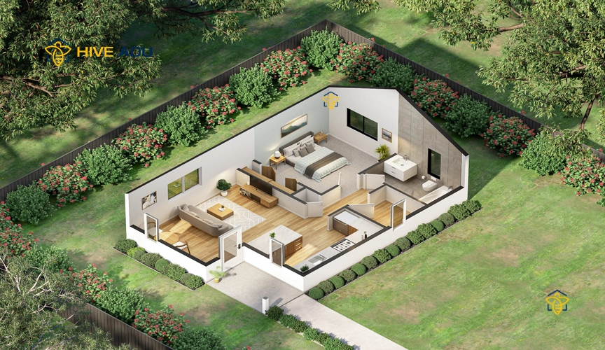 I-660 3D floor plan rendering of 660 square foot 1-bedroom, 1.0-bathroom ADU