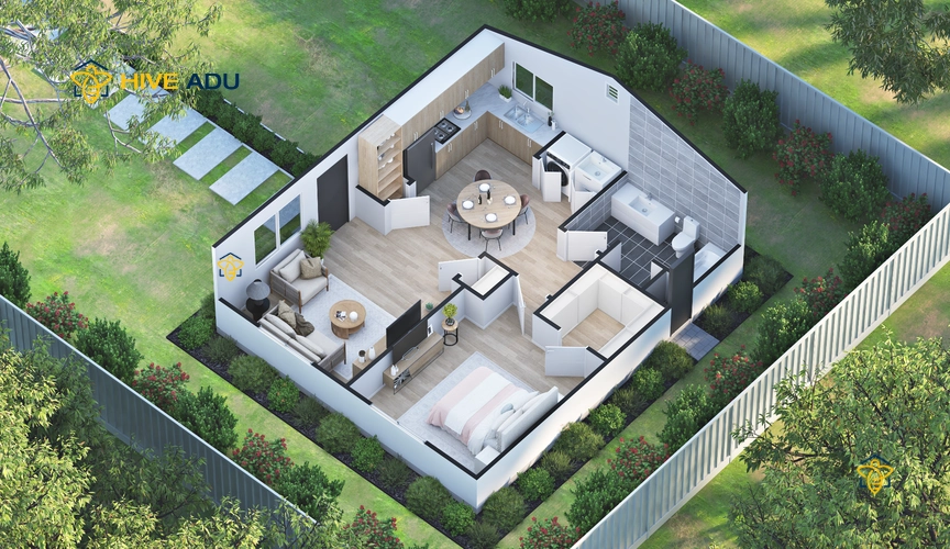 I-700 3D floor plan rendering of 700 square foot 1-bedroom, 1.0-bathroom ADU