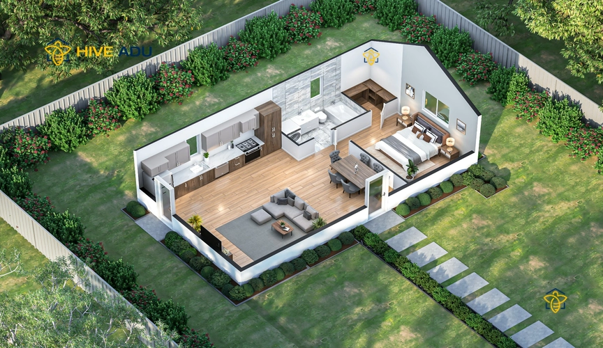 I-725 3D floor plan rendering of 725 square foot 1-bedroom, 1.5-bathrooms ADU
