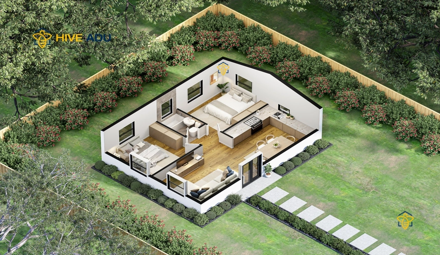 V-551 3D floor plan rendering of 551 square foot 2-bedrooms, 1.0-bathroom ADU