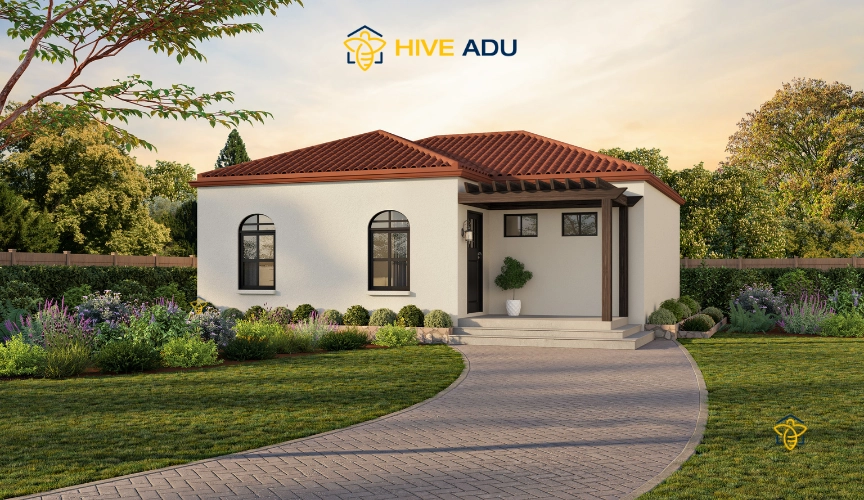 V-781 Spanish Style ADU exterior view 2-bedroom, 2.0-bathroom ADU with 781 sq ft