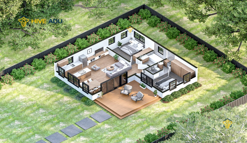 V-837 3D floor plan rendering of 837 square foot 2-bedrooms, 2.0-bathrooms ADU