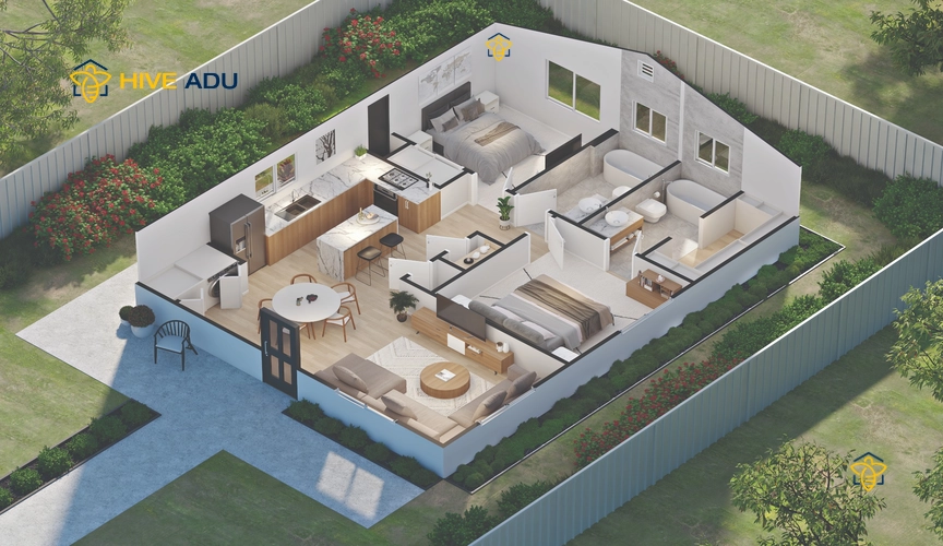 V-900 3D floor plan rendering of 900 square foot 2-bedrooms, 2.0-bathrooms ADU