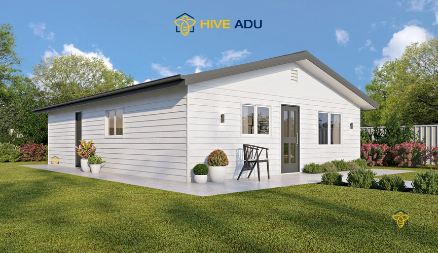 Exterior view of a pre-designed Hive ADU model in California with front yard landscaping